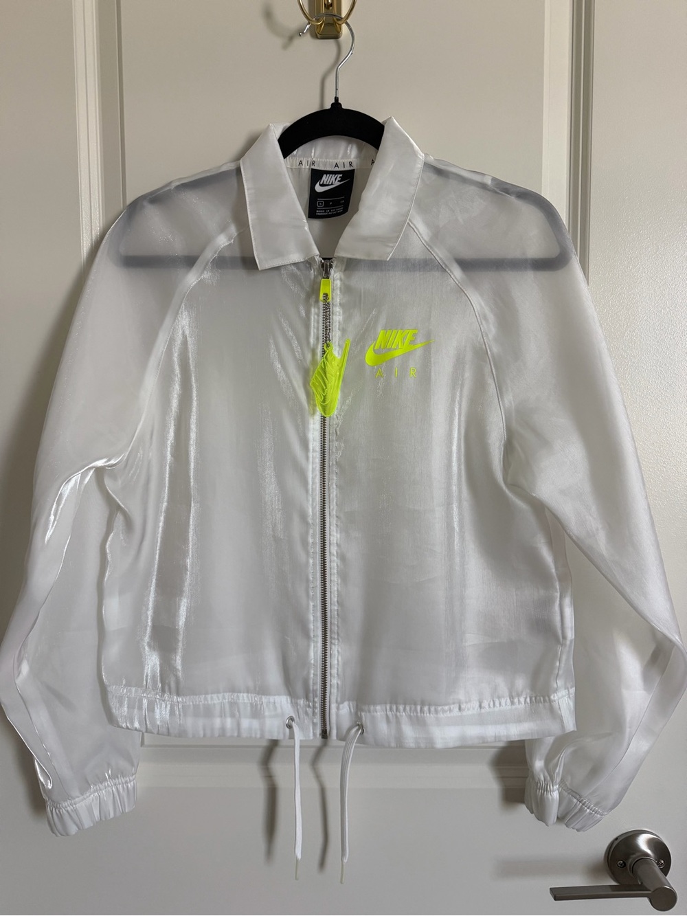 Nike White Sheer Bomber Jacket with Neon Yellow Logo